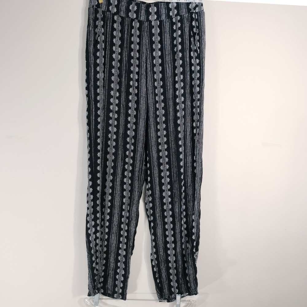 Three Dots Black White Pants; Boho Geometric Stripe Rayon Tapered Leg